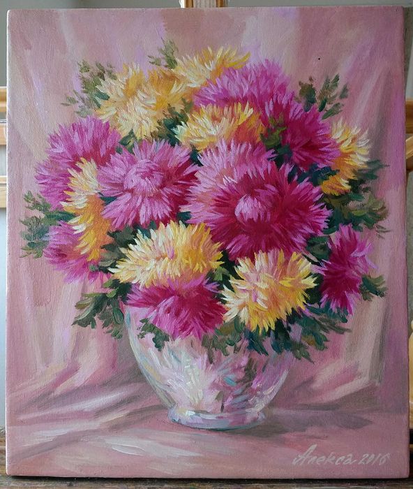 "Астры в хрустальной вазе",картина маслом