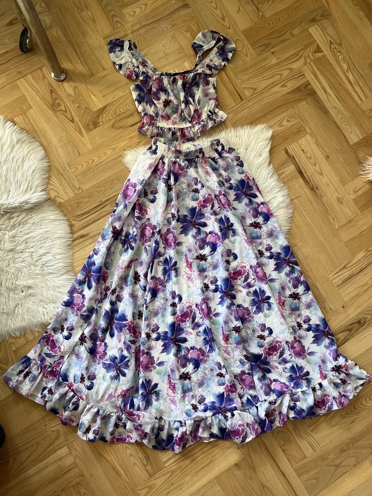 Sukienka komplet set la perla zestaw spodnica maxi top hiszpanka