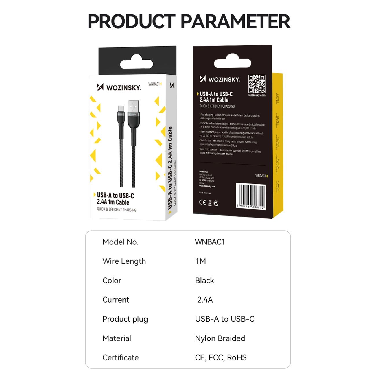 Kabel Wozinsky Wnbac2 Usb-A / Usb-C 2.4A 2 M - Czarny