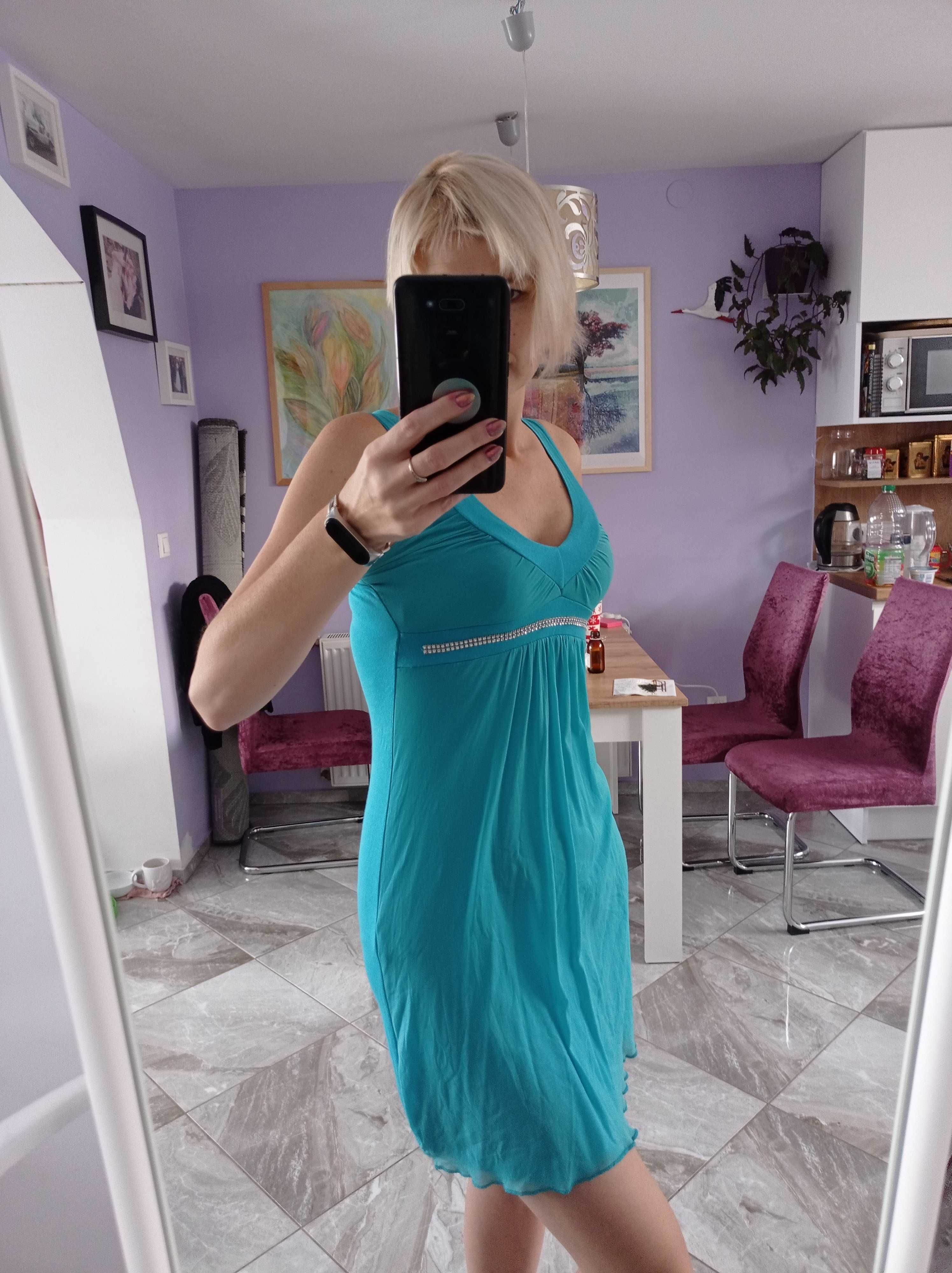 Krótka sukienka na lato w kolorze turkusu 36