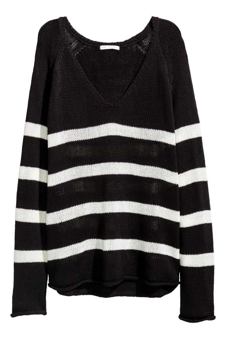 sweter h&m czarno biały paski akryl v-neck serek 36