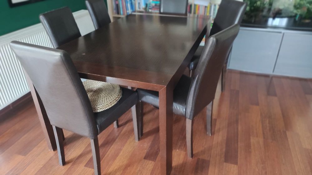 Stół drewniany rozkładany wenge 175 x 95 + 6 krzeseł brąz