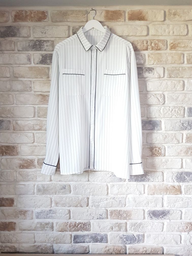Męska elegancka koszula biała w paski XL