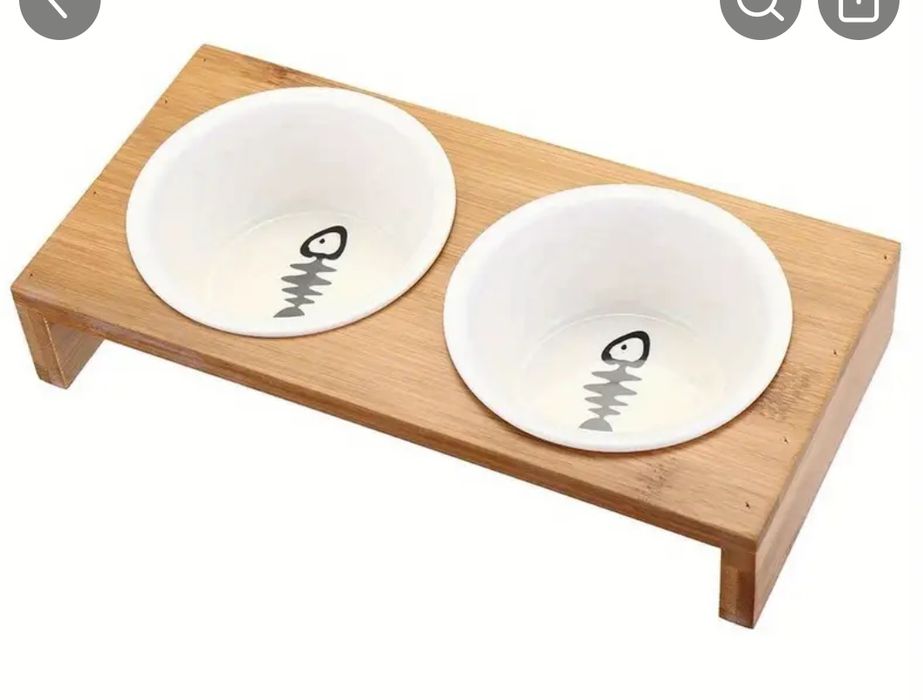 Керамічна миска для котів з бамбуковою підставкою -  2 миски