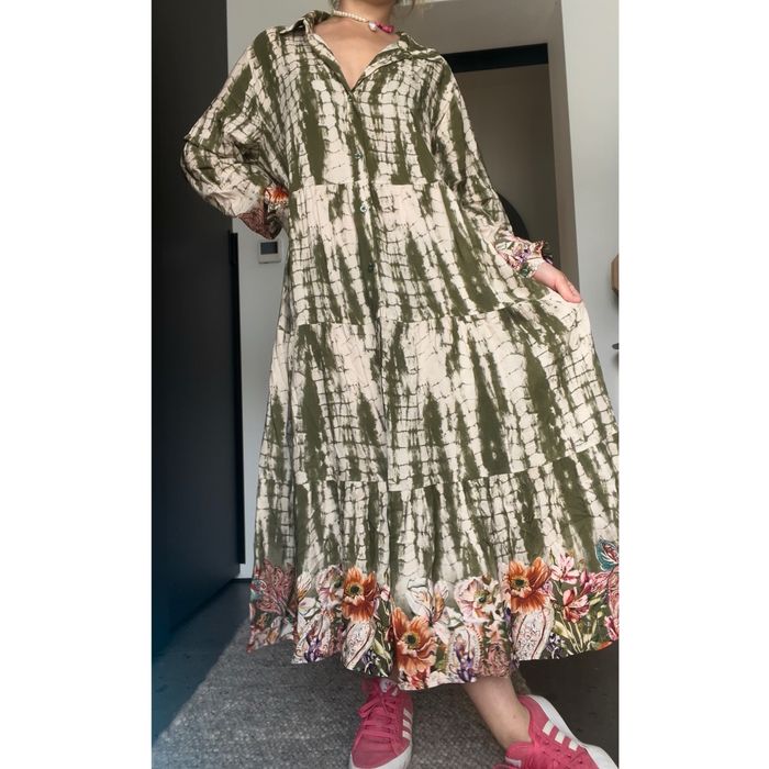 Długa/maxi zielono-beżowa sukienka w kwiaty, na lato, wiskozowa, L/XL