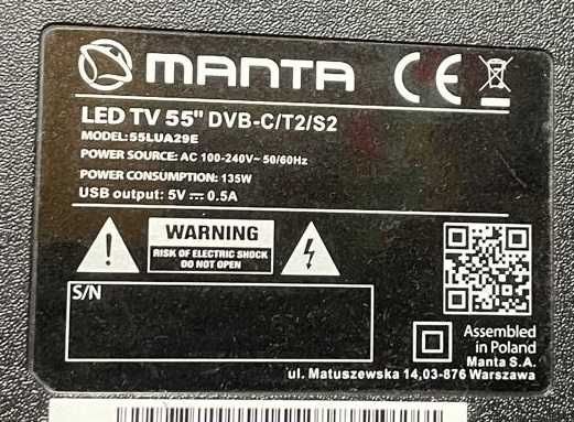 telewizor Manta 55 cali 55LUA29E LED TV 55'' DVB-C/T2/S2 uszk matryca