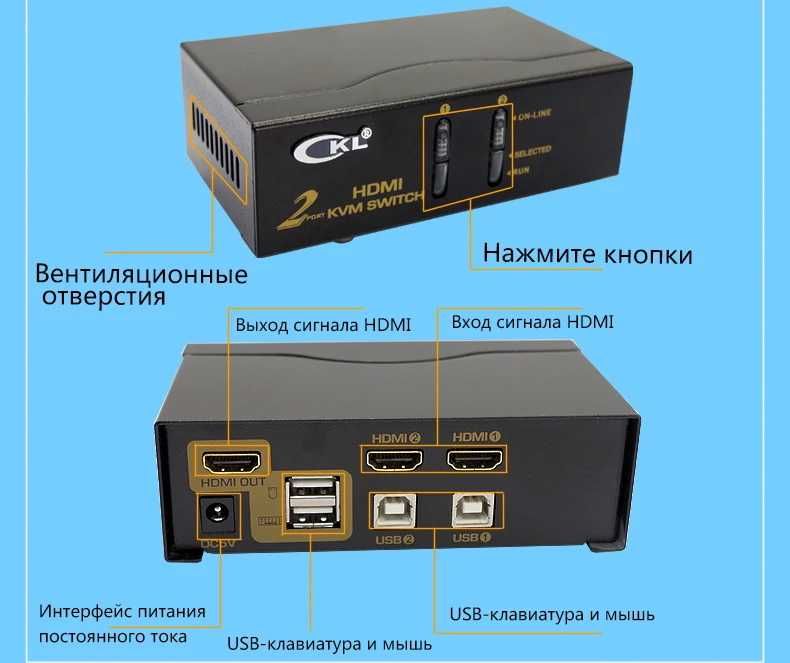 USB HDMI KVM-Switch CKL-92H USB, перемикач на 2 порти