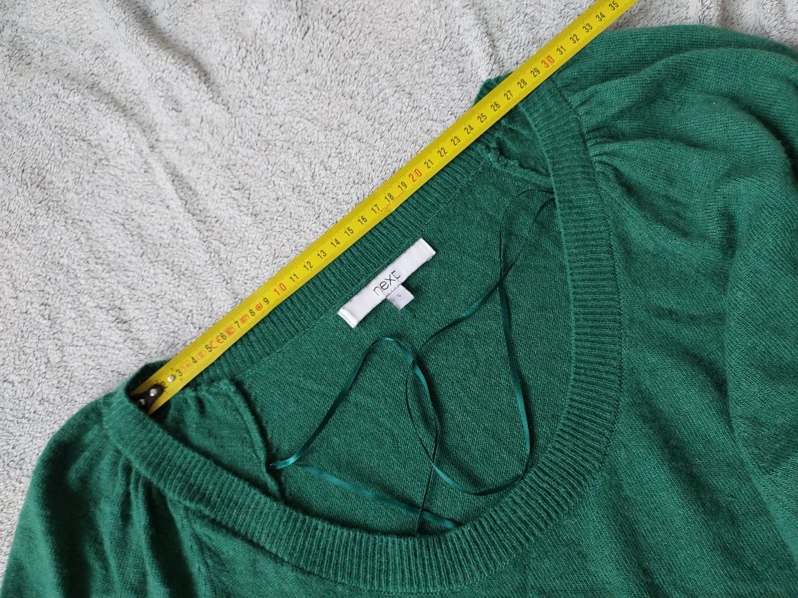 Sweter zielony z dodatkiem wełny, pufowane rekawy 36 S next