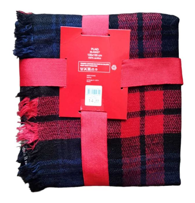OVS ciepły koc w kratkę pled 130 X 130 cm wełna akrylowa wyprzedaż