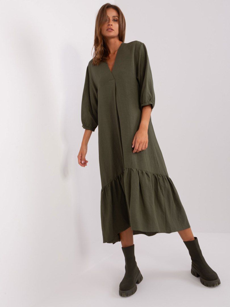 Sukienka lniana khaki oversize z falbaną S/M