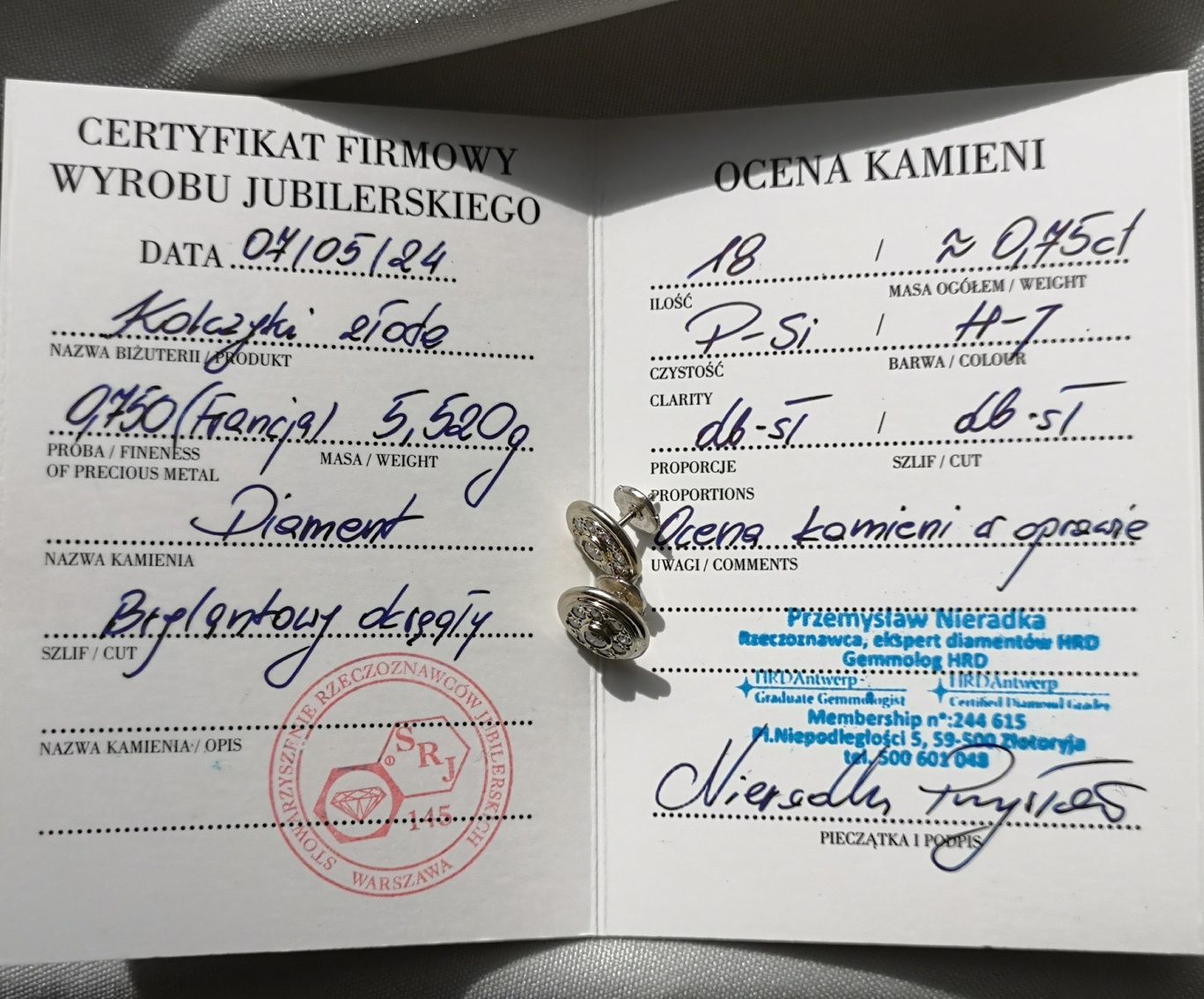 śliczne złote kolczyki naturalne brylanty złoto 750 18K certyfikat