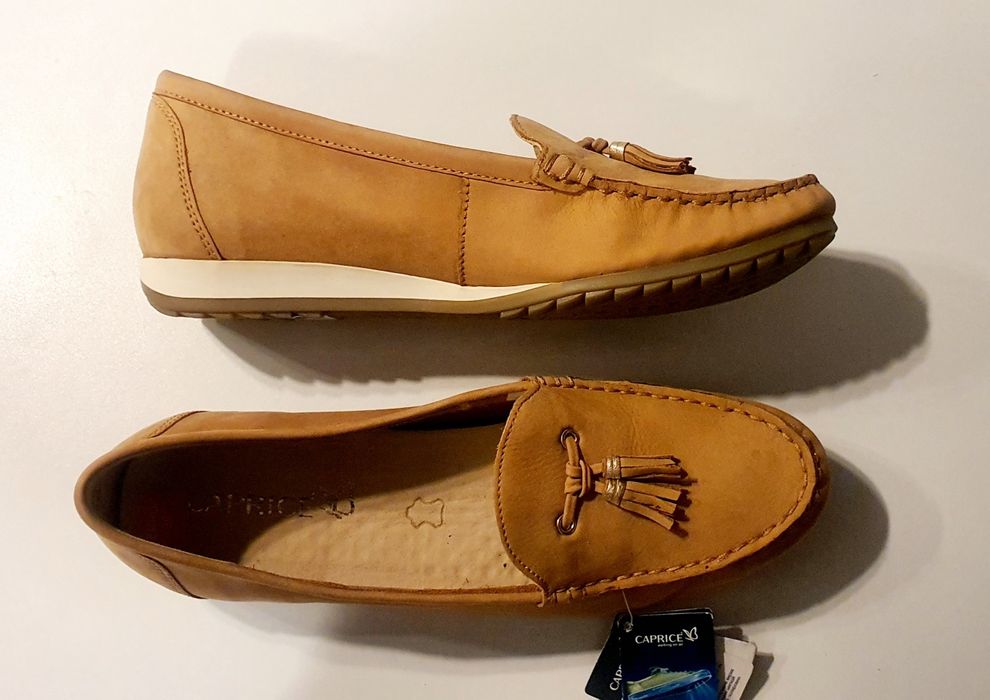 Damskie komfortowe  mokasyny skórzane_CAPRICE_38_Camel_NOWE