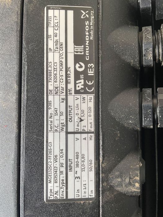 Silnik 5,5 kW 2800 obr falownik grundfos