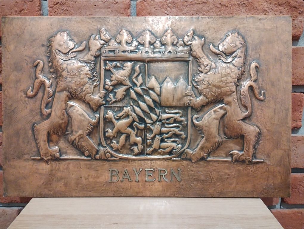 Płaskorzeźba miedziana BAYERN, antyk, herb Bawarii