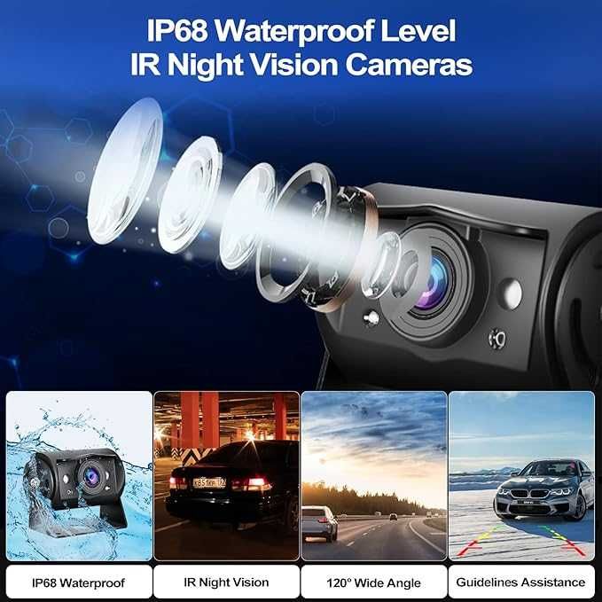 CAMECHO Zestaw kamer cofania, zestaw 4 kamer, 9-calowy monitor