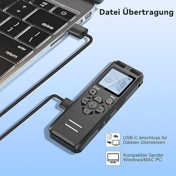 Dyktafon Vormooi 128 GB, dyktafon z ładowaniem USB C, nagrywanie