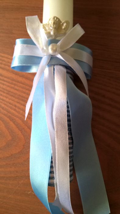 Vela redonda batismo/batizado tons azuis com anjo