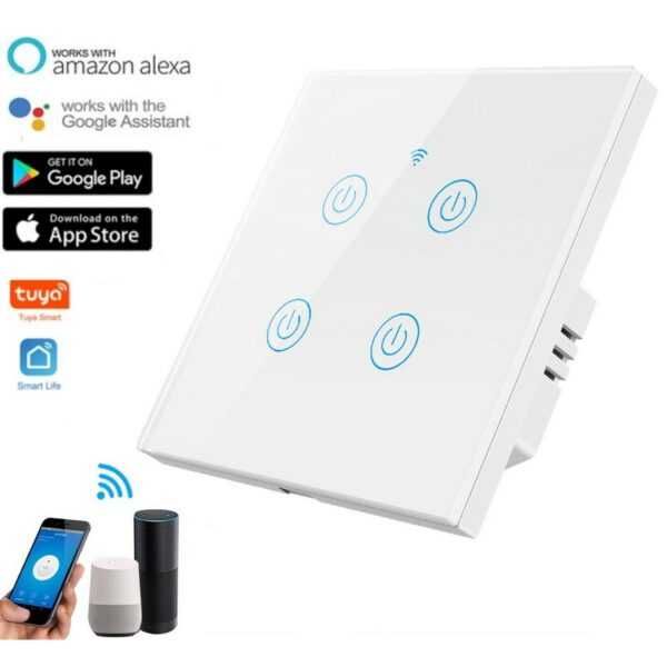 Interruptor Touch de Luz Wi-Fi + RF Branco (4 Teclas)