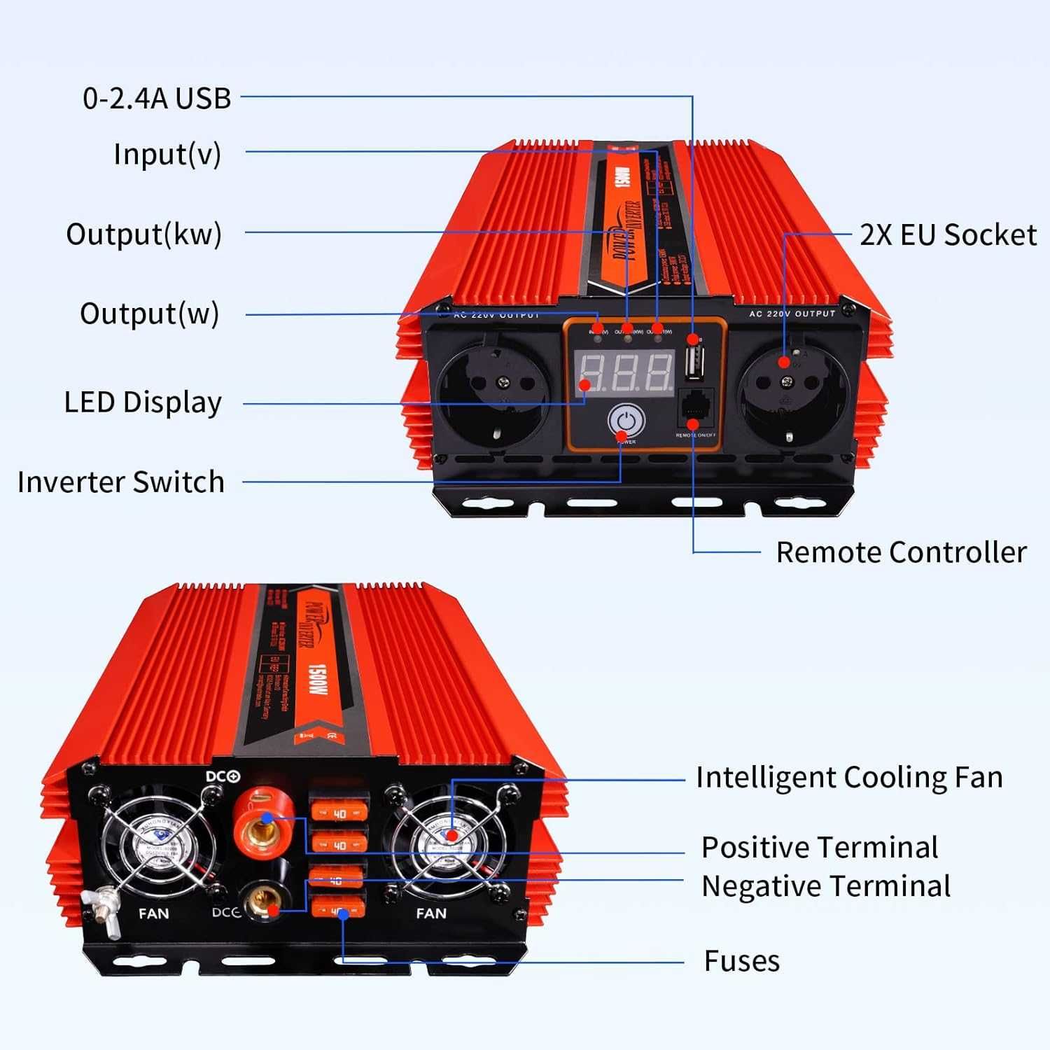 Novo - Conversor de voltagem 1500 W Carro e Autocaravana