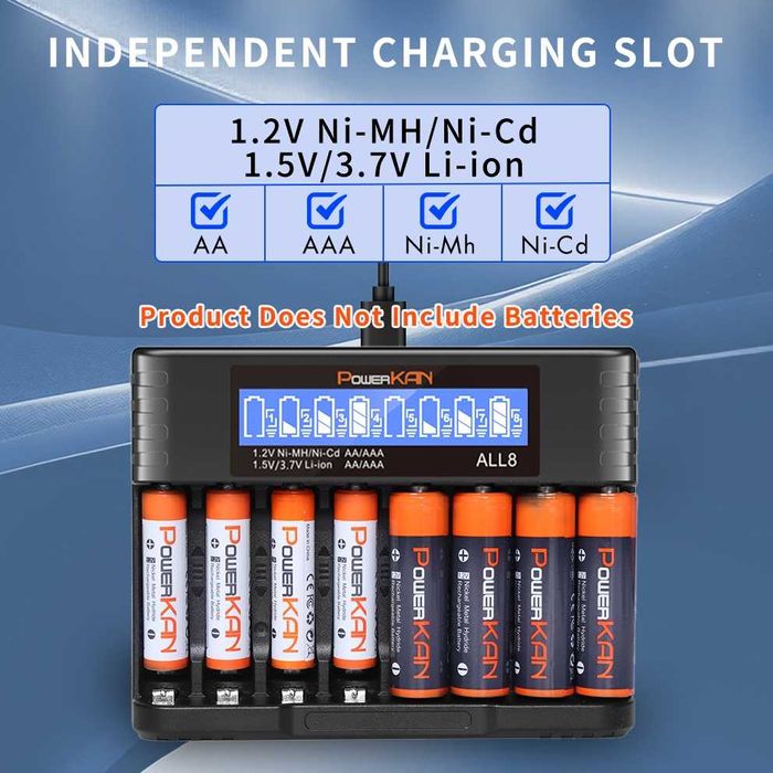Зарядное POWERKAN ALL8 с ЖК-дисплей, 8 слотов AA/AAA, 1.2V/1.5V/3.7V