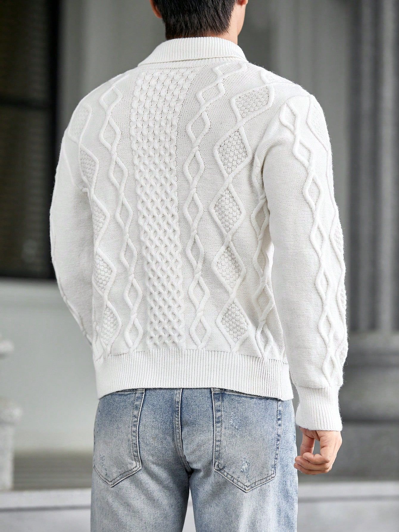 Sweter Męski Z Kołnierzykiem Biały Teksturowany Casual Shein M