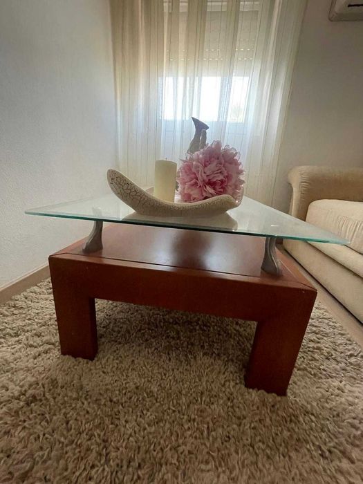 mesa centro sala com vidro madeira maciça