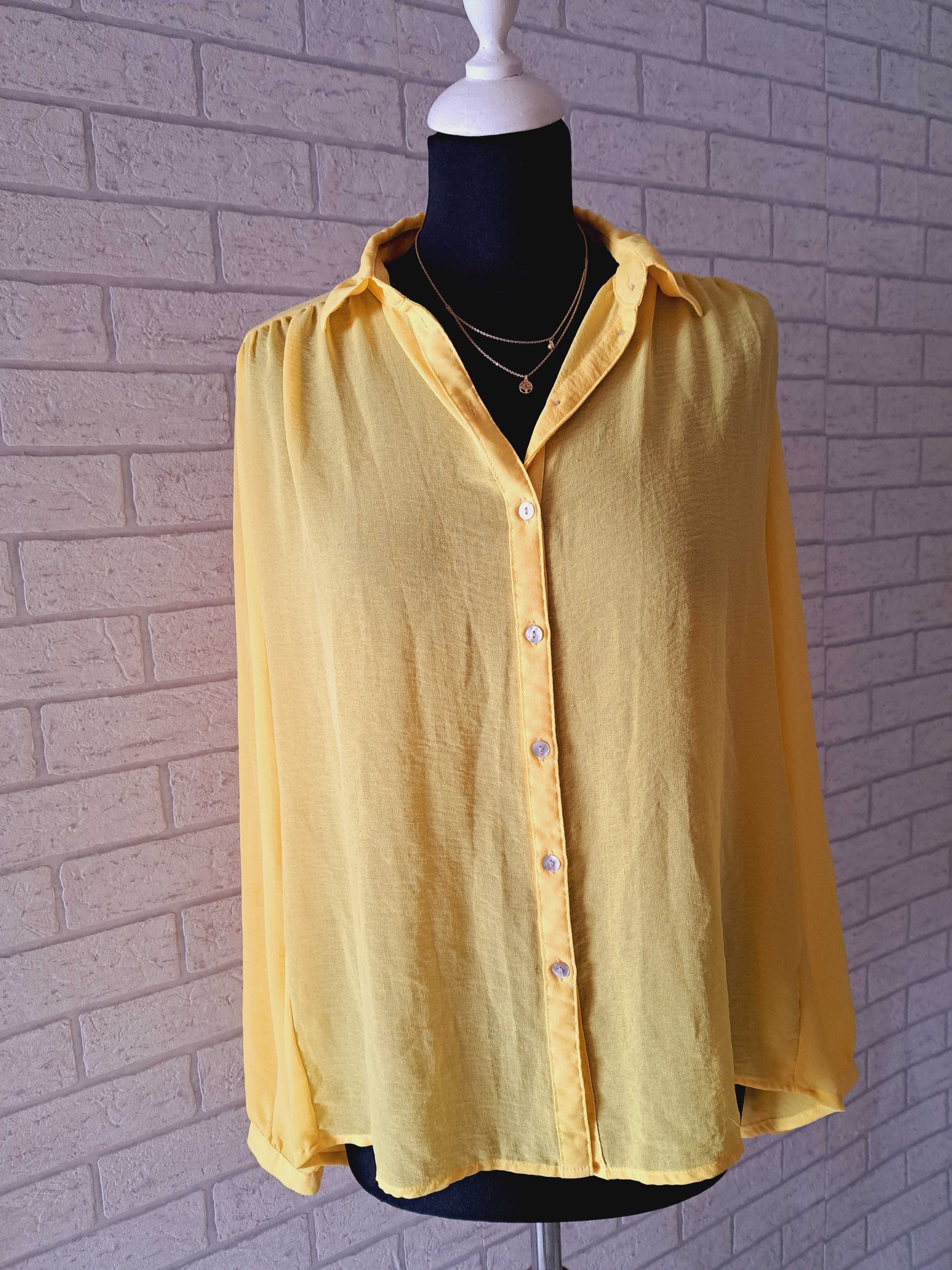 Żółta koszula z wiskozy, dłuższy tył, perłowe guzik oversize, kolorowa