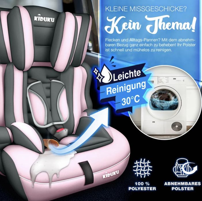 Fotelik samochodowy KIDUKU 9-36 kg, nowy, regulowany, szaro rozowy