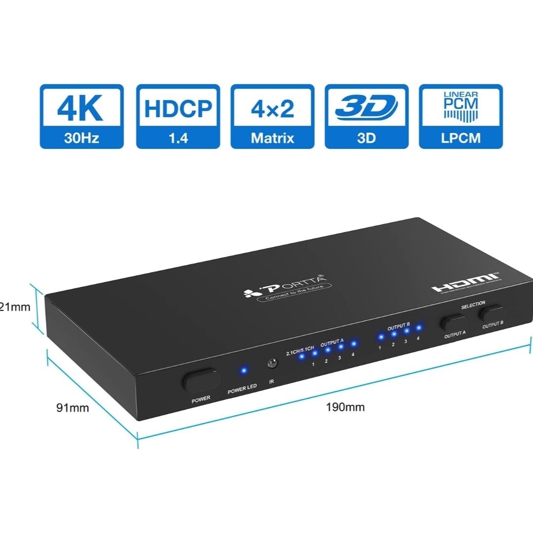 PORTTA HDMI Matrix 4x2, 4 In 2 Out 4K HDMI Matrix Switch Splitter with