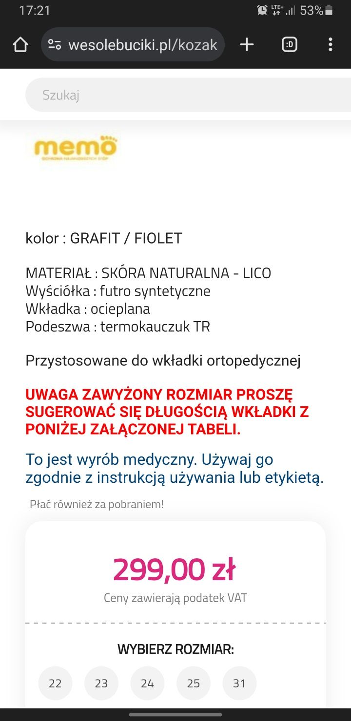 Buty zimowe śniegowce Memo rozmiar 25