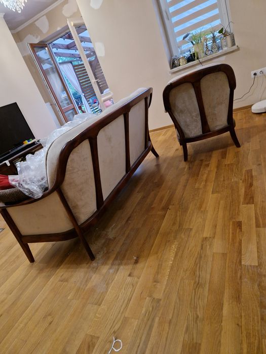 Zestaw mebli kanapa sofa fotele pikowana kolonialne retro drewno