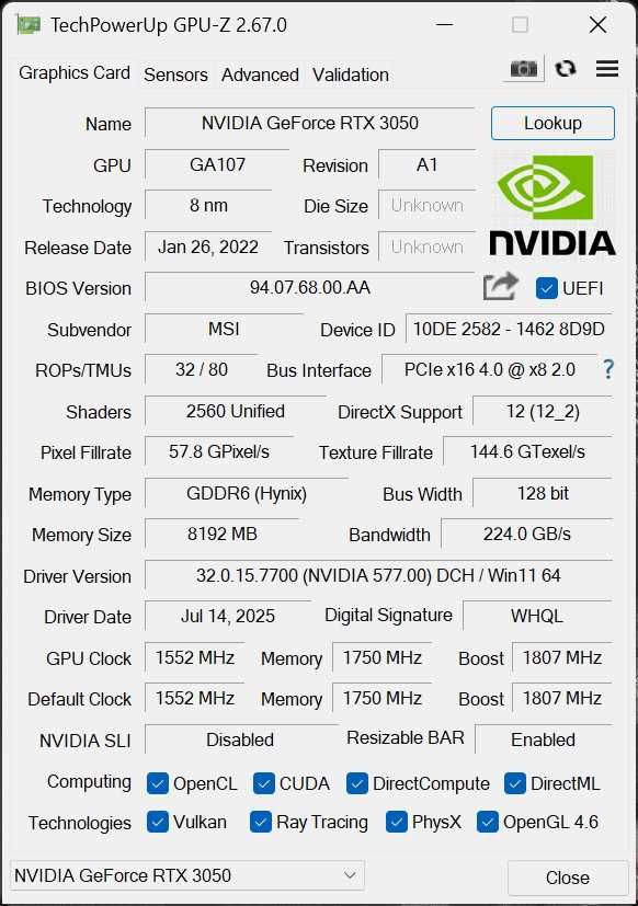 Видеокарта MSI GeForce RTX 3050 8GB GDDR6 VENTUS