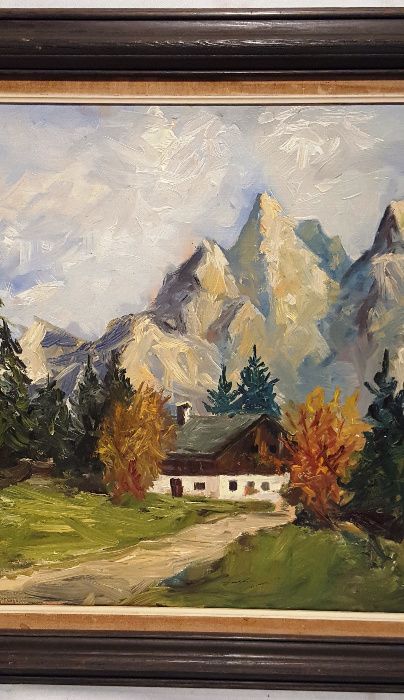 Obraz olejny na płótnie " Dom w górach " drewniana rama wym. 60x70 cm.