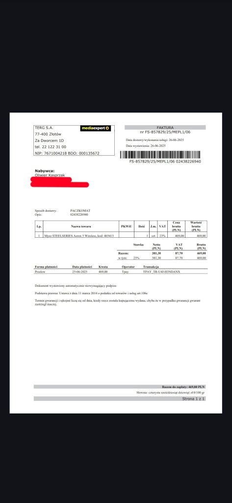 Mysz SteelSeries Aerox 5 Wireless - na gwarancji
