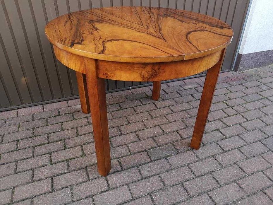 Stół Art-Deco Okrągły Orzech 100 Zgrabny Stary Rozkładany Po Renowacji