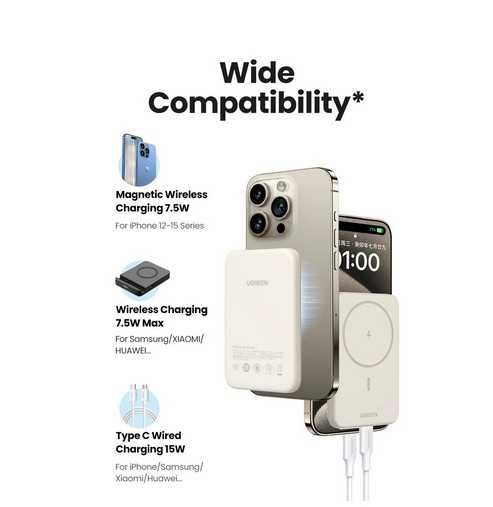 Ugreen Magnetic Mini Wireless Fast Charge Power Bank 5000mAh white 15w