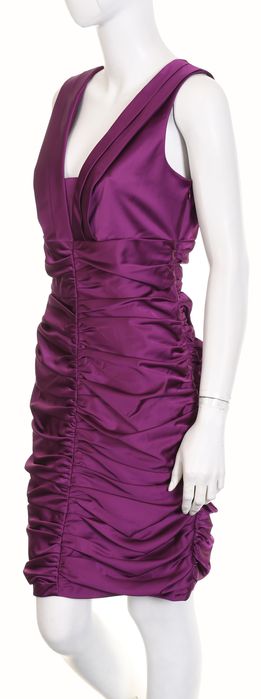 MARC NEW YORK purpurowa sukienka koktajlowa satynowa marszczona r. 38