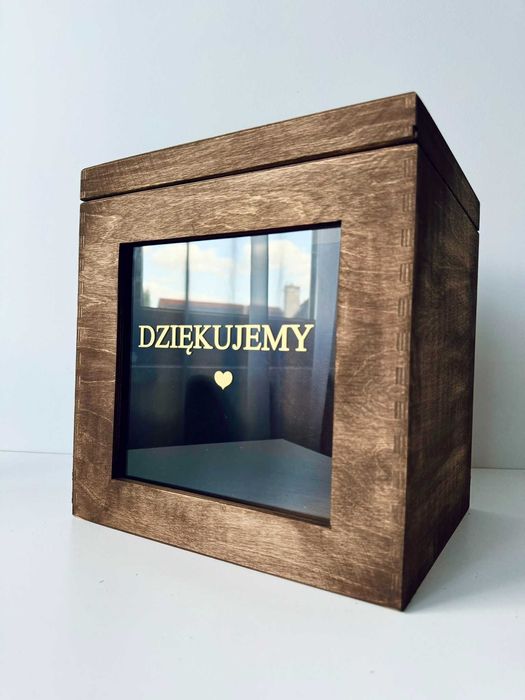 Duże rustykalne drewniane pudełko na koperty złoty napis wesele ślub