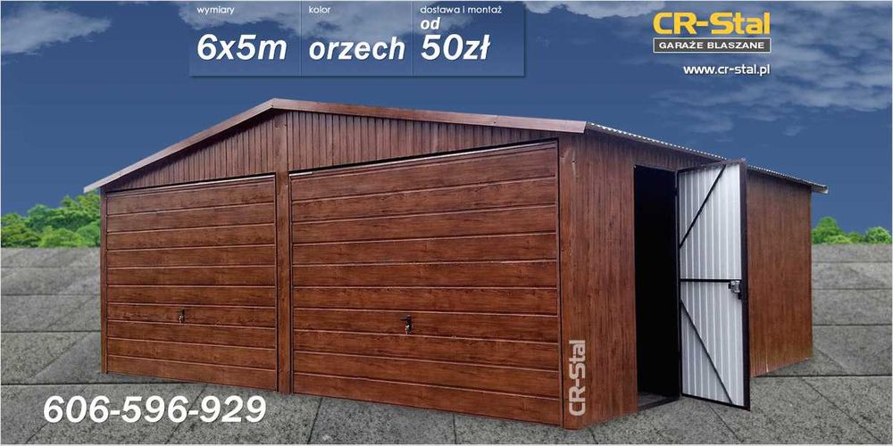 Garaż - blaszak. 6x5 m. Bramy podnoszone. Dodatkowe drzwi. Orzech.