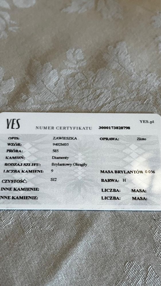 Łancuszek Zawieszka Kolczyki DIAMENTY Yes
