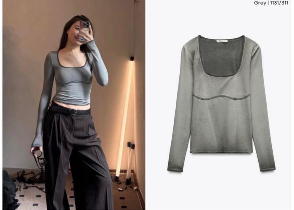 Жіночий лонгслів Zara з контрастною лінією грудей розмір xs s m l