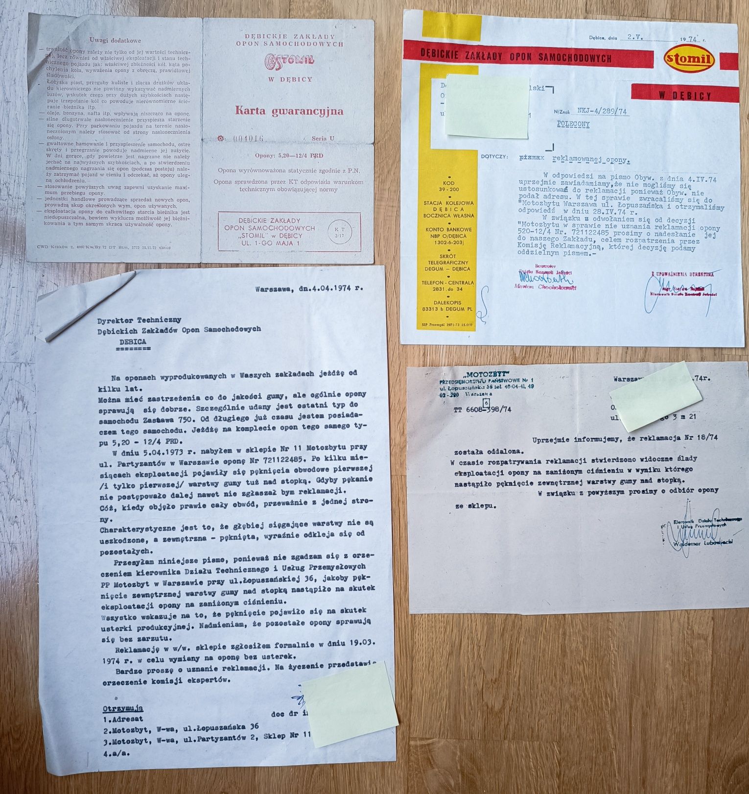 Karta gwarancyjna opon Stomil 1973 i reklamacja prl motoryzacja l