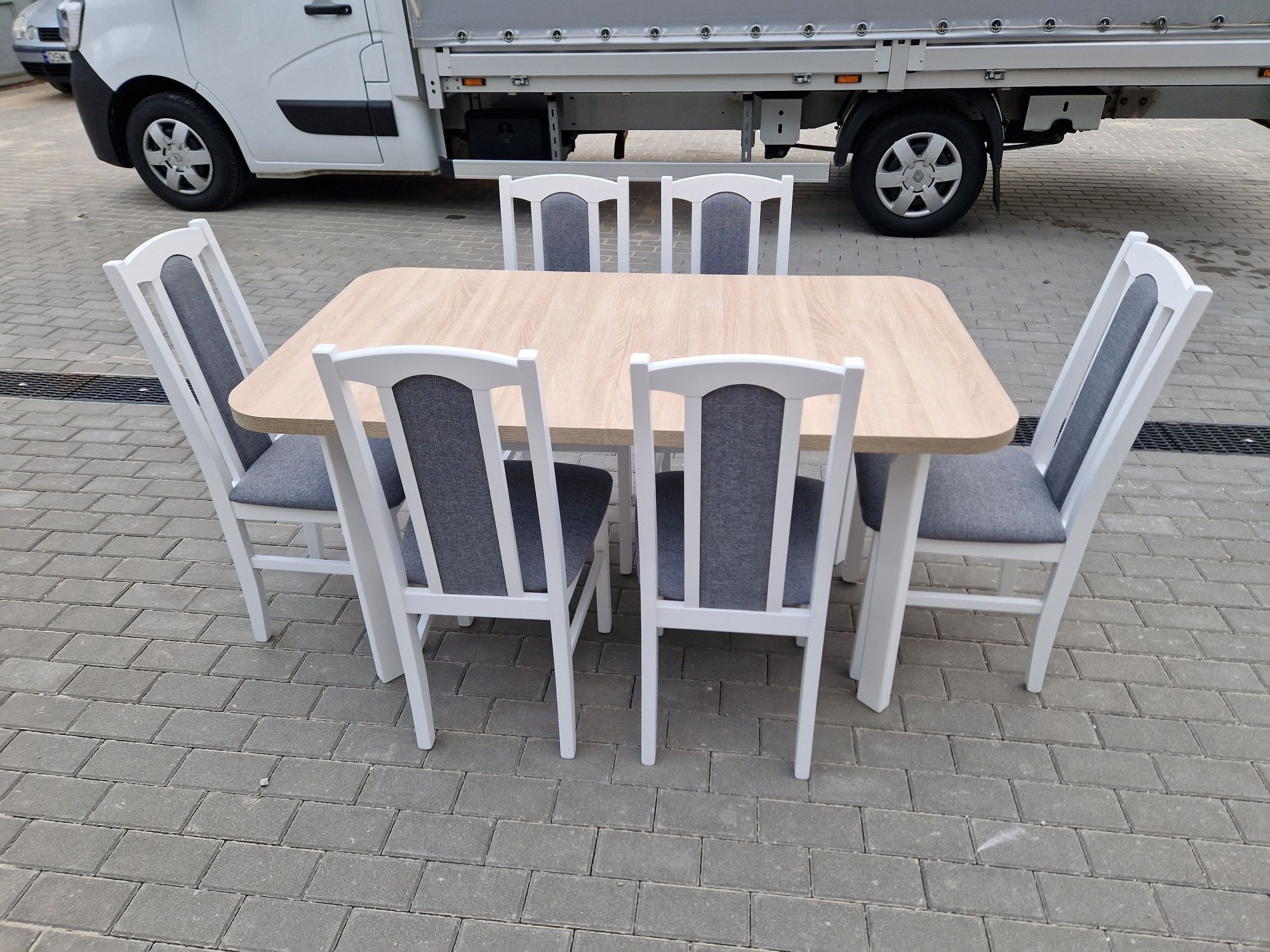 Nowe: Stół 80x140/180 + 6 krzeseł, biały/sonoma + szary, dostawa PL