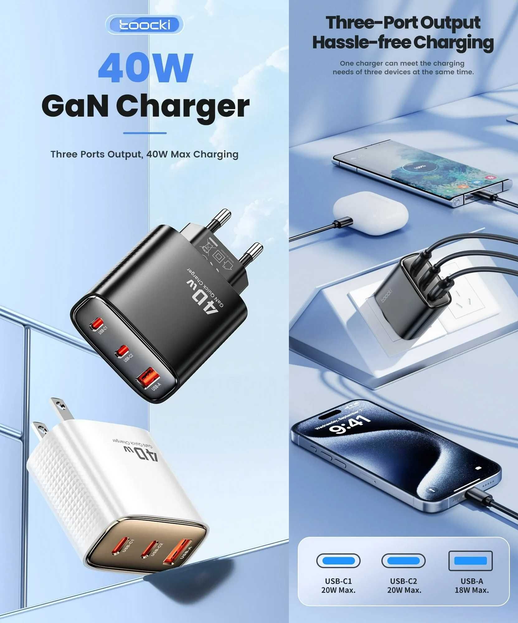 Зарядний пристрій TOOCKI 40W Three Port GaN Charger 2С+A (TCT40-22EU)