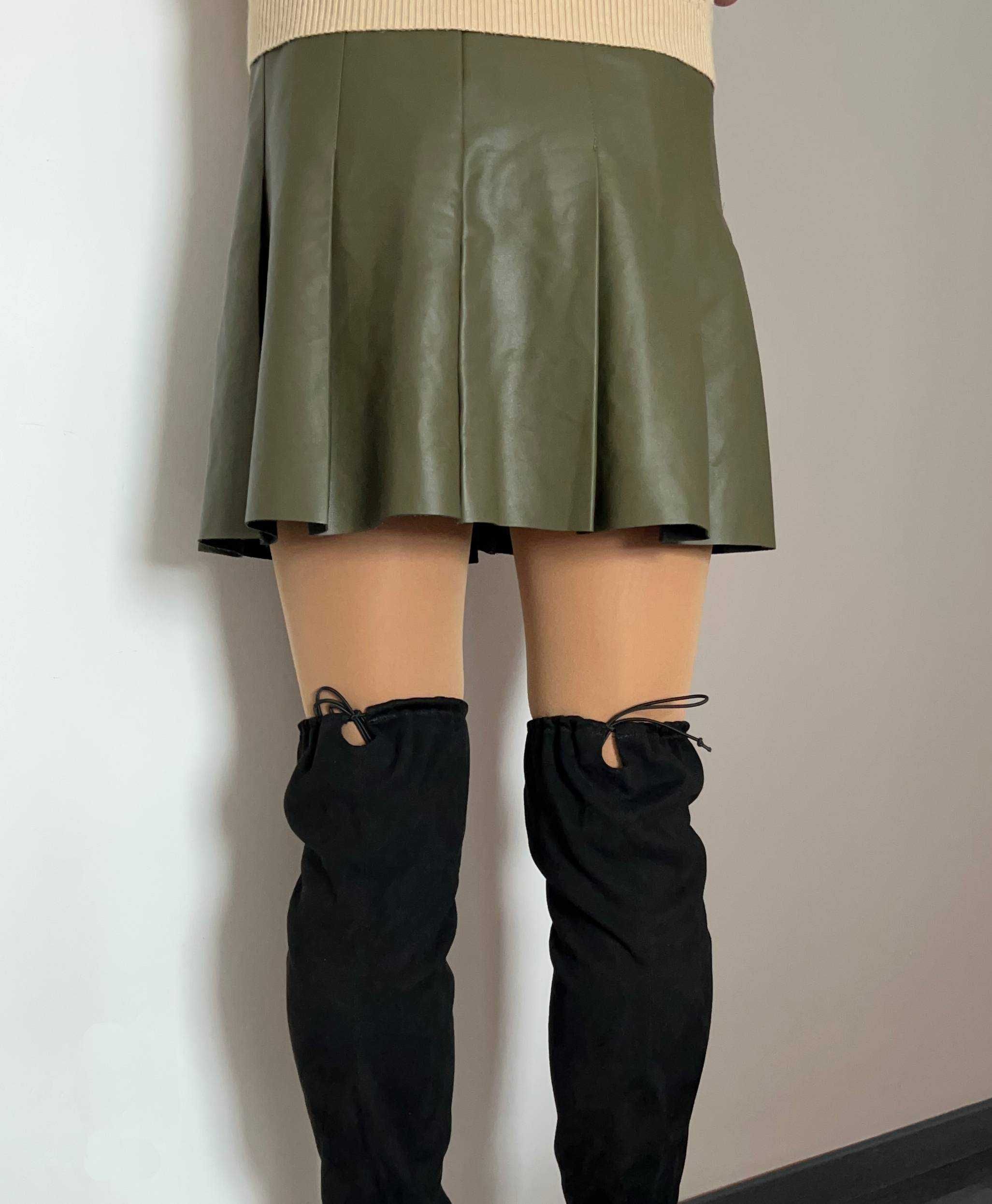 Skórzana mini spódniczka khaki zielona L/XL seksowna krótka WYSYŁKA