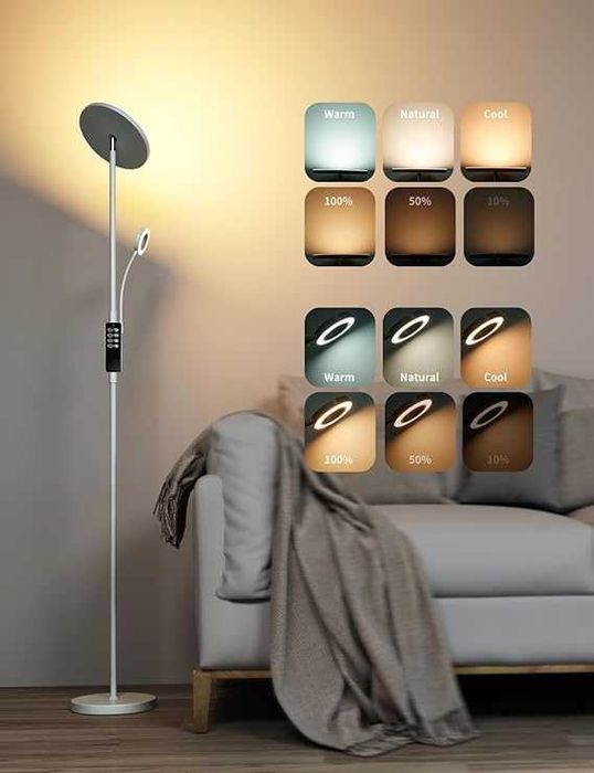 Szara Lampa Stojąca Podłogowa talerz 175CM 30W+5W ściemnialna timer