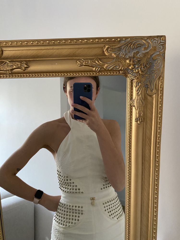 Elisabetta Franchi biała sukienka 34 XS na szyję bez pleców mini dżety