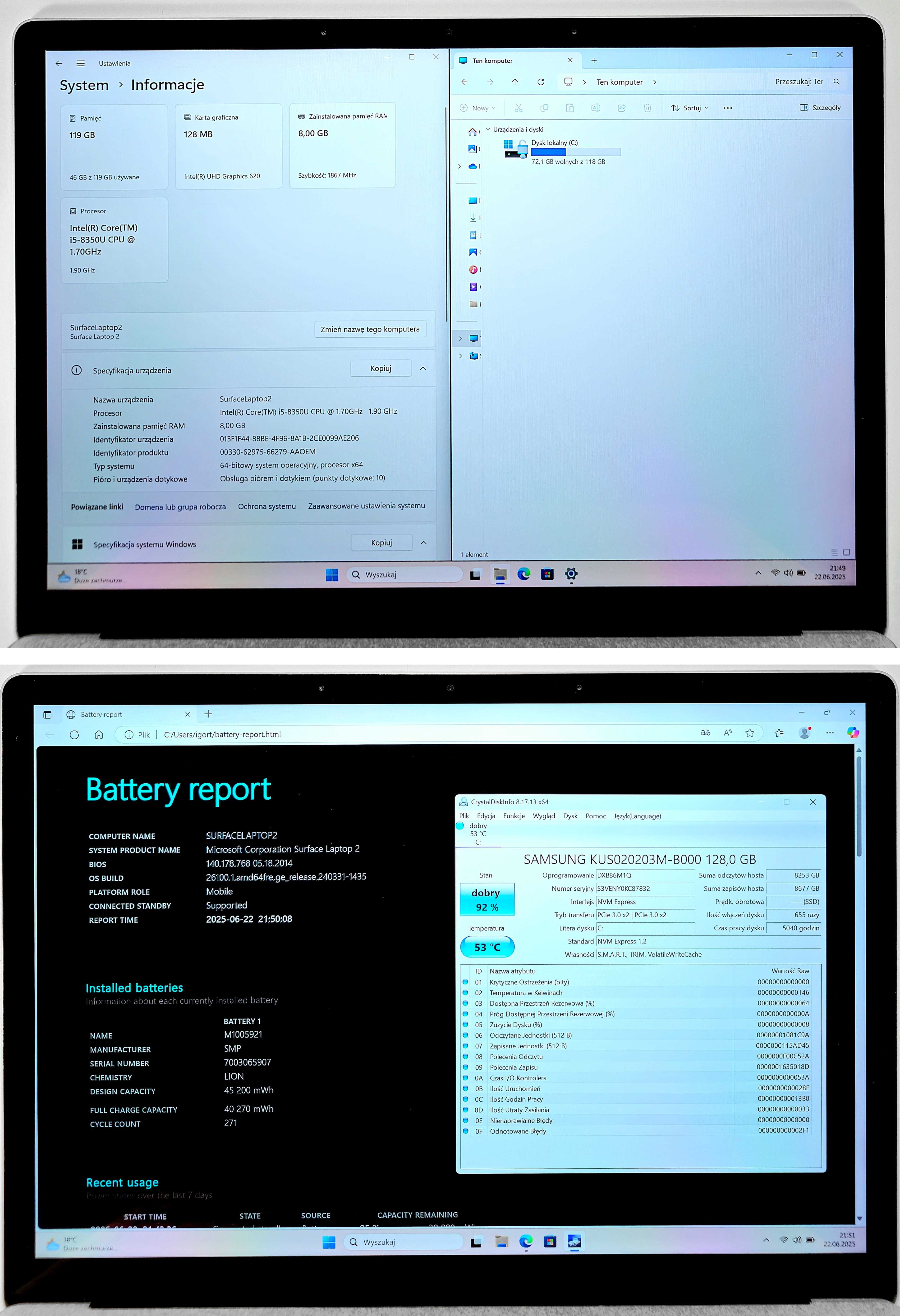Microsoft SURFACE LAPTOP 2 Intel Core i5-8350U 8/128 srebrny OKAZJA!