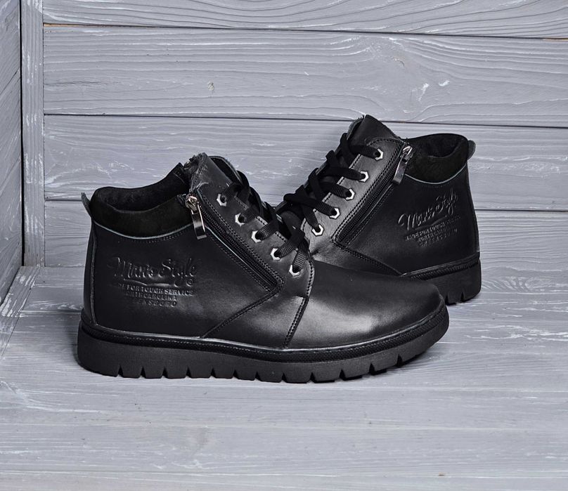 Кожаные зимние мужские черные прошитые ботинки на меху Шнурок 2 змейки