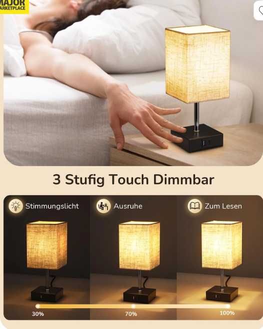 EDISHINE – 2 lampki nocne dotykowe z USB A + C, beżowy abażur